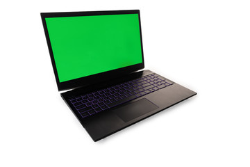 Laptop with green screen isolated in white