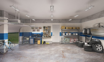 Large garage with workspace and car components, 3d illustration