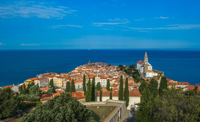 Panoramic view of Piran over Adriatic Sea, Slovenia