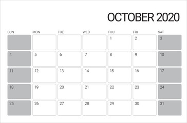 October 2020 desk calendar vector illustration