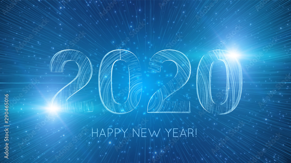 Poster vector 2020 text constructed with glowing lines with lightspeed burst on background. bright happy ne