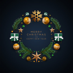 Fototapeta na wymiar Christmas wreath design with festive Christmas decoration ornaments and objects