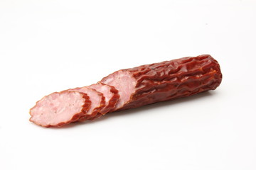 Dry sausage. Traditional sausage on a white background.