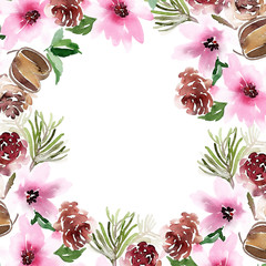 Holiday card with delicate flowers, cones and fir branches