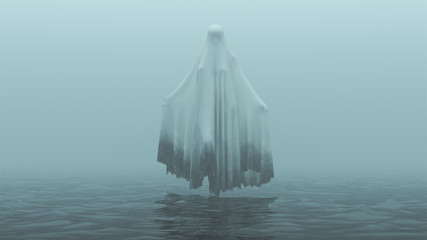 Floating Evil Spirit Ghost with one Knee Raised and Arms Out in a Death Shroud Over Water on a Foggy Day Front View 3d Illustration 3d Rendering - obrazy, fototapety, plakaty