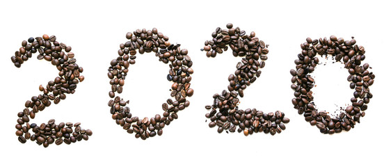 2020 New year from coffee beans isolated on white background.