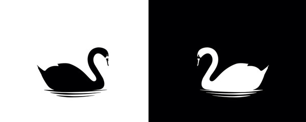 Swans Silhouettes swimming, vector,  two pieces minimalist poster design, black and white, day and night, wall artwork, minimalism, illustration