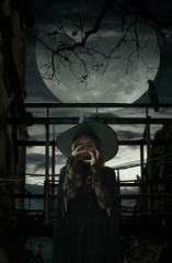 Obraz na płótnie Canvas Scary halloween witch standing over damaged old wooden bridge, bird, dead tree, full moon with spooky cloudy sky, Halloween mystery concept