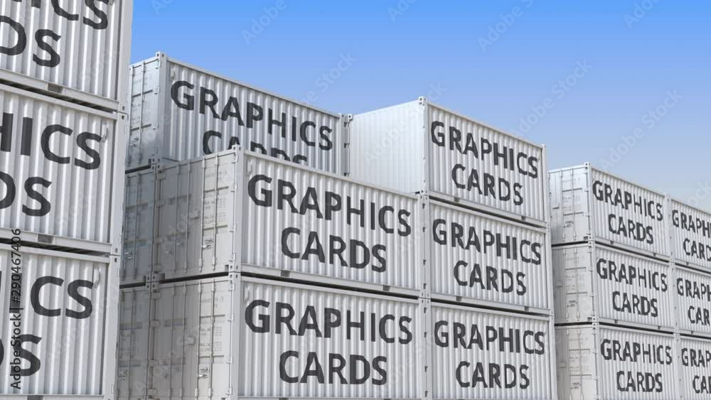 Poster container terminal full of containers with computer graphics cards. production, export or import rel
