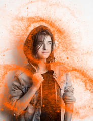 Portrait of a teenager wearing a blue jacket in studio.