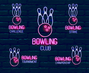 Set of neon logos in pink-blue colors with skittles, bowling ball Collection of 5 signs for winter bowling tournament, challenge, championship, strike, club against dark blue brick wall