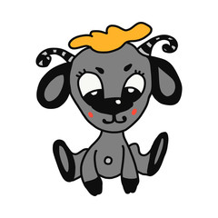 cute cartoon lamb drawn by hands in cartoon style. with a yellow crest and small horns. white background isolated vector illustration.