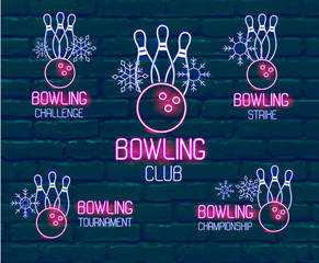 Set of neon logos in pink-blue colors with skittles, bowling ball, snowflakes. Collection of 5 signs for winter bowling tournament, challenge, championship, strike, club against dark brick wall