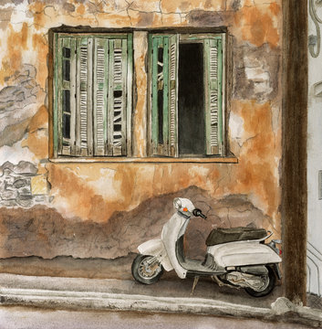 White scooter stands against old wall