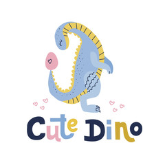 Cute dino lettering quote.Blue dinosaur with looking on egg flat hand drawn cartoon illustration. clipart of scandinavian style character for children game, book, textile on white background