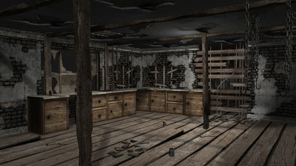 Old farm house shown with aged interior - 3D illustration