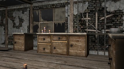 Old farm house shown with aged interior - 3D illustration