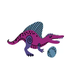 Foto op Canvas Toothy dinosaur with egg color hand drawn character. Cute line and flat dinosaur. Sketch Jurassic reptile. Isolated cartoon illustration for kid game, book, t-shirt, textile © LanaSham