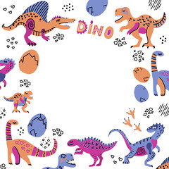 Cute dinosaurs hand drawn color illustration with round free space for your text. Dino characters cartoon circle frame. Prehistoric scandinavian illustration. Sketch Jurassic reptiles.