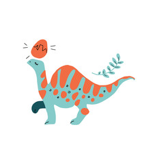 Green dinosaur with long neck and orange stripes flat hand drawn cartoon illustration. slipart of scandinavian style character for children, kid game, book, t-shirt, textile on white background