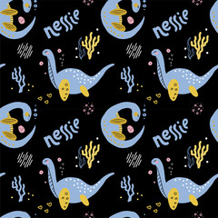 Cute childish seamless pattern with Loch ness monster. cute cartoon hand drawn nessie on black background. Loch nessie on the seabed among the algae. Dino sleeps with egg.