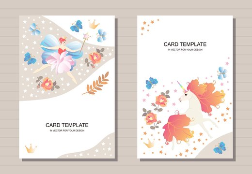 Fairytale card templates with fairy with magic wand and unicorn with flowers and butterflies.