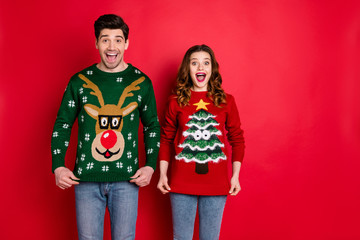 Portrait of astonished two people wife with brunette hair scream wow enjoy deer christmas pattern...
