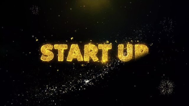Start Up Text on Gold Glitter Particles Spark Exploding Fireworks Display. Sale, Discount Price, Off Deals, Offer Promotion Offer Percent Discount ads 4K Loop Animation.