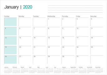 January 2020 desk calendar vector illustration