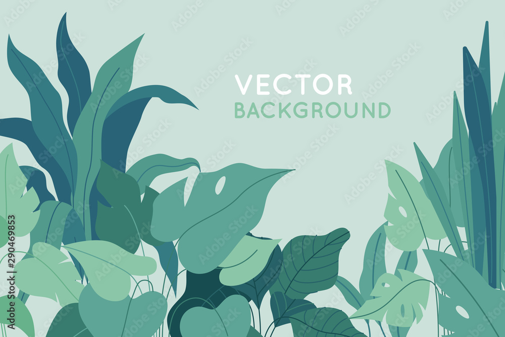 Poster Vector illustration in simple flat style with copy space for text - background with plants and leaves