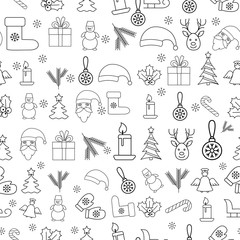 Christmas icons seamless pattern, Happy Winter Holiday tile background. Doodle outline ornamental design elements