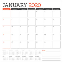 January 2020 desk calendar vector illustration