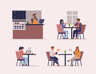 Young People Characters Dinning and Working in Cafe. Barista standing at Counter. Woman and Man Talking and Drinking Coffee. Flat Cartoon Vector Illustrations Set.