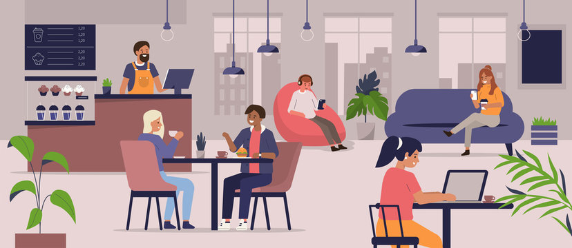 Young People Characters Dinning and Working in modern Coffehouse. Woman and Man Talking and Drinking Coffee. Coworking Loft Office with Cafe. Flat Cartoon Vector Illustration.