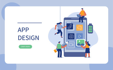 Developers Team create  Web Application. People Characters Working Together and Develop new Mobile App. Young Team Programming, Designing and Creating Content. Flat Cartoon Vector Illustration.