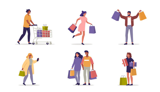 People Character holding Shopping Bags with Purchases. Woman and Man Customers Buying on Seasonal Sale in Store, Fashion Mall. Buyers Characters Collection. Flat Cartoon Vector Illustration.