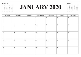 January 2020 desk calendar vector illustration