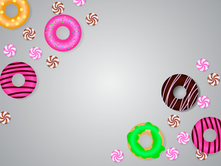 Different donuts with candies. Vector illustration for poster