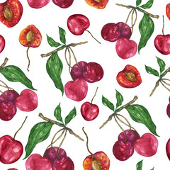 Watercolor cherry pattern on a white background.