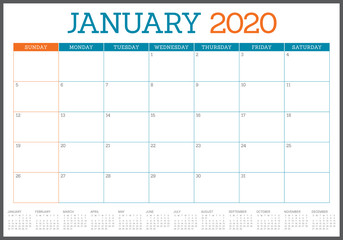 January 2020 desk calendar vector illustration
