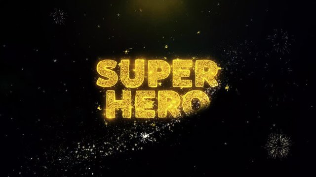 Super Hero Text on Gold Glitter Particles Spark Exploding Fireworks Display. Sale, Discount Price, Off Deals, Offer Promotion Offer Percent Discount ads 4K Loop Animation.