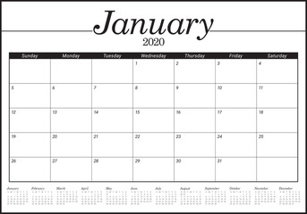 January 2020 desk calendar vector illustration