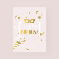 Happy birthday greeting card, vector illustration. Golden elements on pink background, simple design with space for text. Invitation to birthday party
