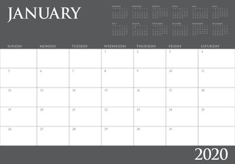 January 2020 desk calendar vector illustration
