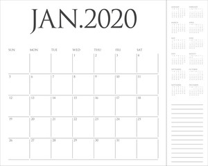 January 2020 desk calendar vector illustration