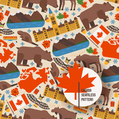 Canadian symbols and main landmarks, vector illustration. Seamless pattern with flat style icons of Canada. Natural, architectural and cultural attractions of Canada
