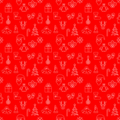 Christmas seamless pattern on a red background with white doodle drawings