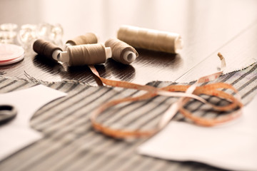 Sewing threads on a blue light background. Cut and sew. Embroidery thread. Needlework concept. Soft...
