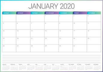 January 2020 desk calendar vector illustration