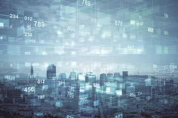 Data theme hologram drawing on city view with skyscrapers background double exposure. Technology concept.